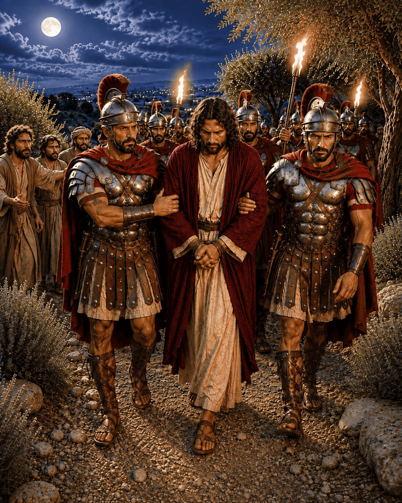 Soldiers arrest Jesus in the Garden of Gethsemane.