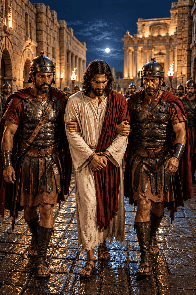 Soldiers lead Jesus to the Sanhedrin after His arrest.