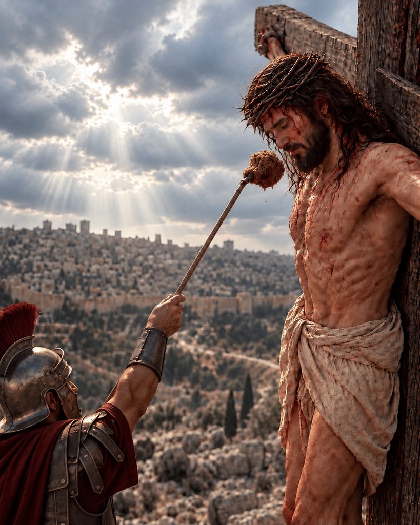 A soldier offers Jesus sour wine on a sponge raised to His lips as He hangs on the cross.