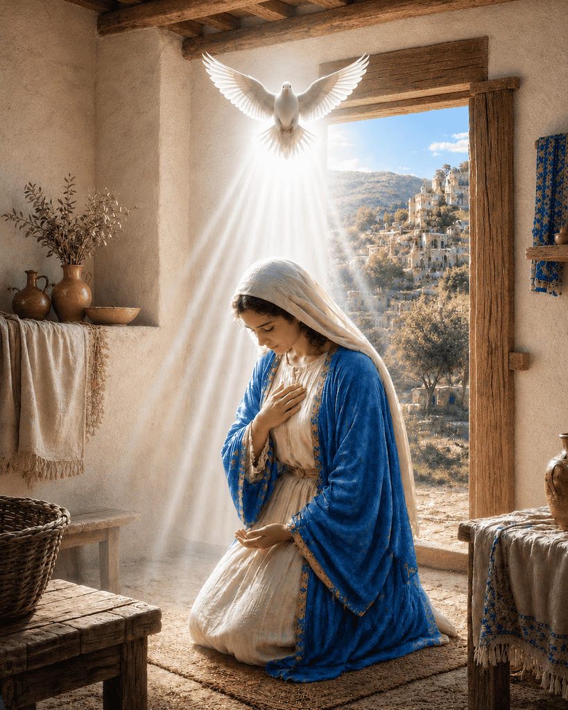 Mary kneels with her head bowed and one hand over her heart beneath a white dove representing the Holy Spirit, symbolizing the Incarnation.