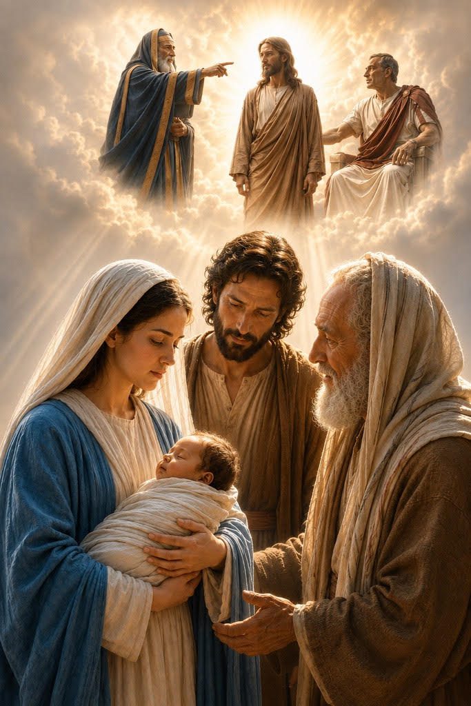 Simeon speaks to Mary and Joseph as Mary holds infant Jesus, beneath a vision of Jesus facing accusation before Pilate.