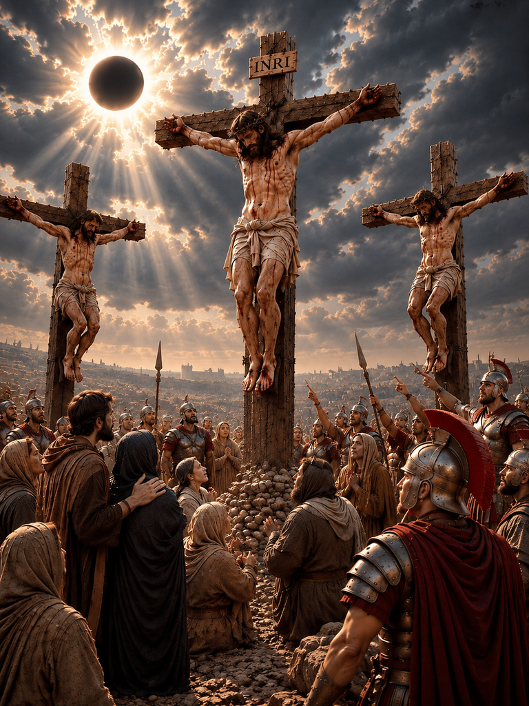 Jesus promises paradise to the good thief while they are crucified on Calvary.