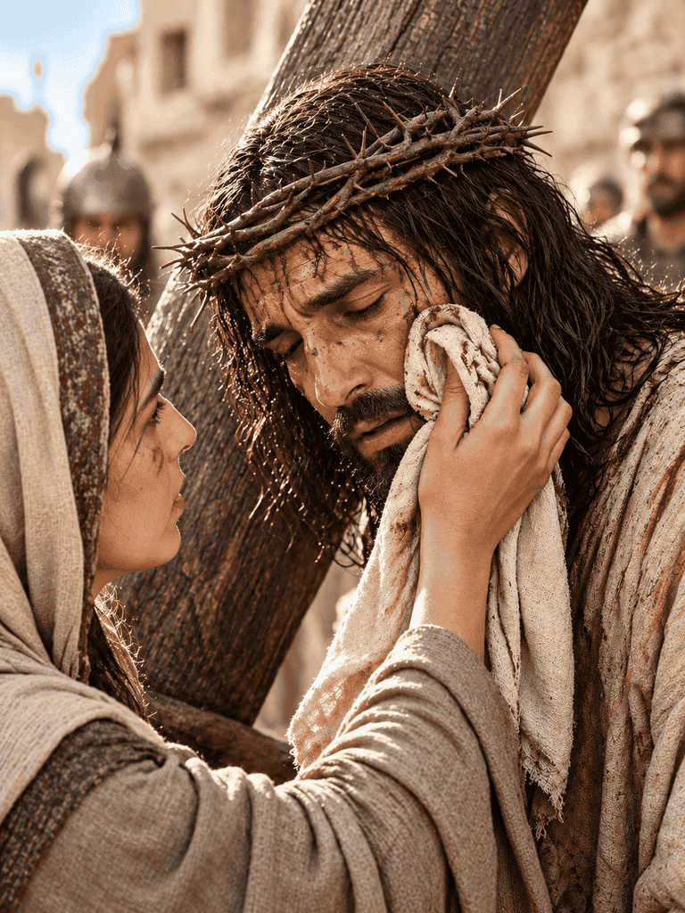 Veronica wipes Jesus’ face with a cloth as He carries His cross to Calvary.