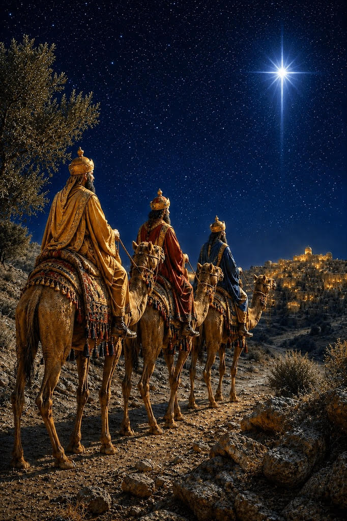 Three wise men ride camels toward Bethlehem, following a bright star in the night sky.